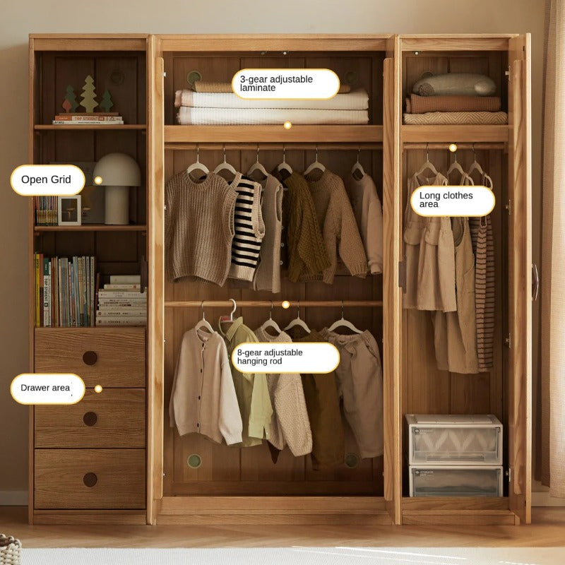 Oak Solid Wood Kids Wardrobe And Bookcase Combination