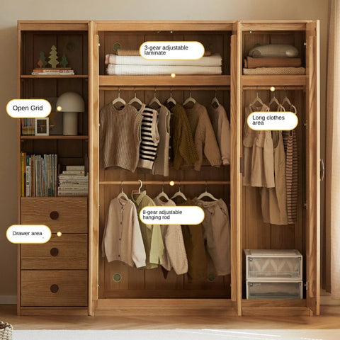 Oak Solid Wood Kids Wardrobe And Bookcase Combination