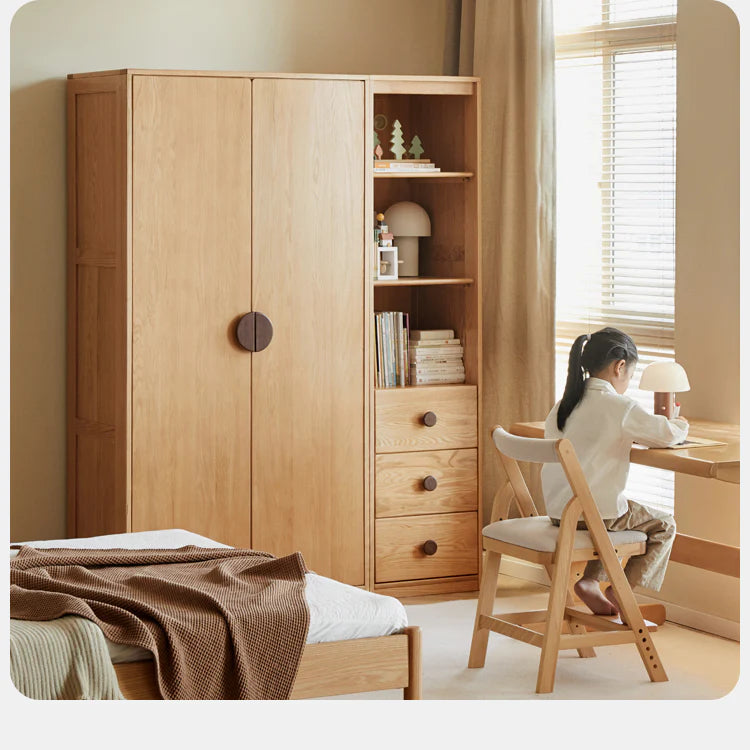 Oak Solid Wood Kids Wardrobe And Bookcase Combination