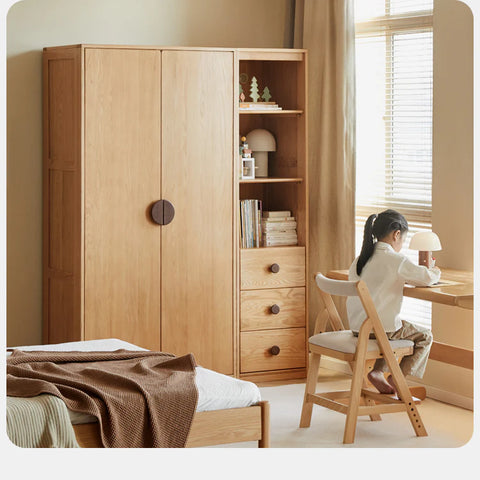 Oak Solid Wood Kids Wardrobe And Bookcase Combination