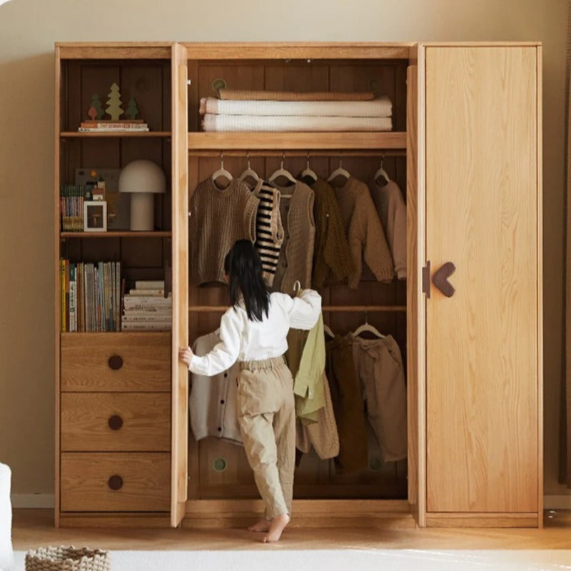 Oak Solid Wood Kids Wardrobe And Bookcase Combination