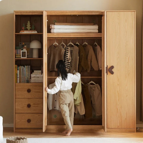 Oak Solid Wood Kids Wardrobe And Bookcase Combination