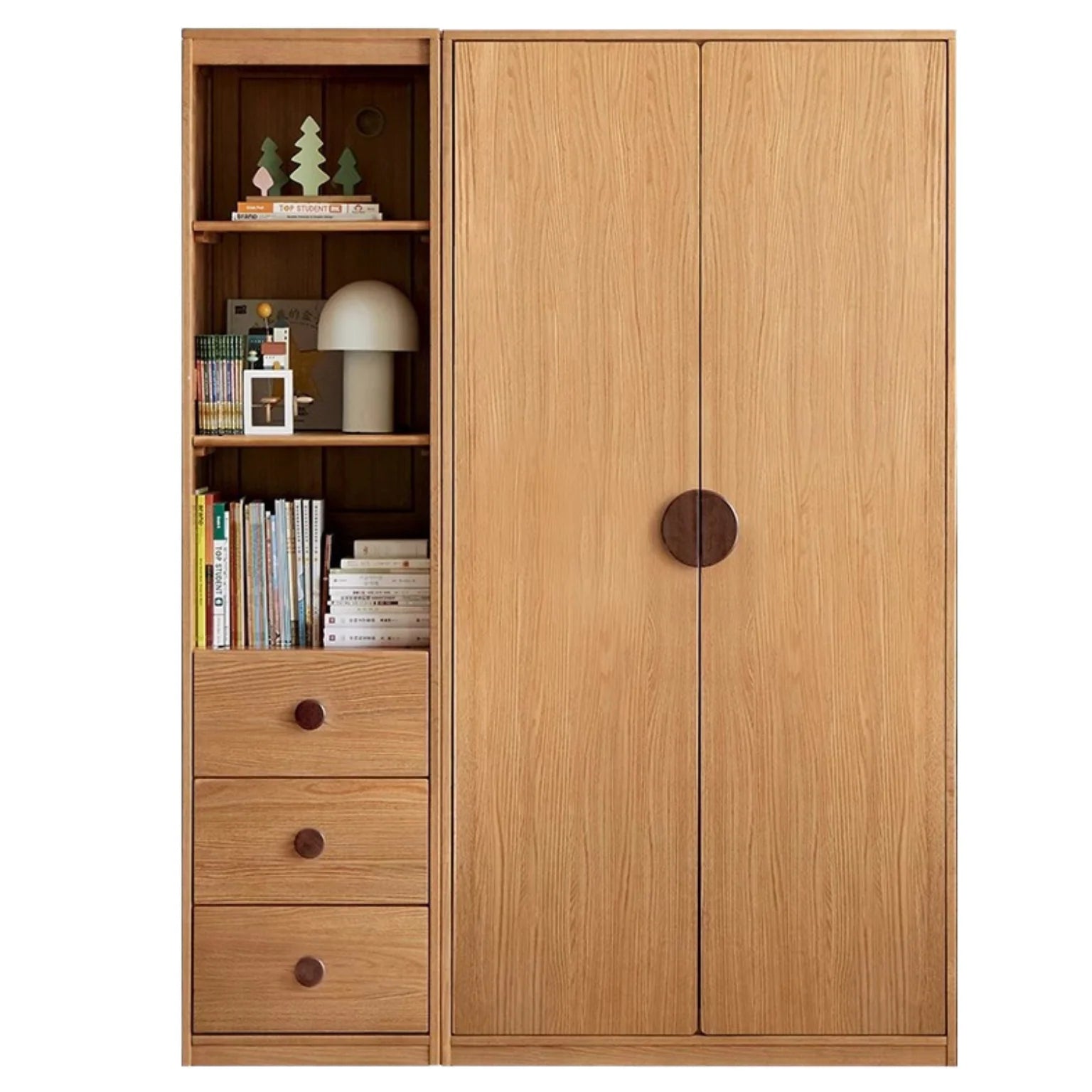 Oak Solid Wood Kids Wardrobe And Bookcase Combination