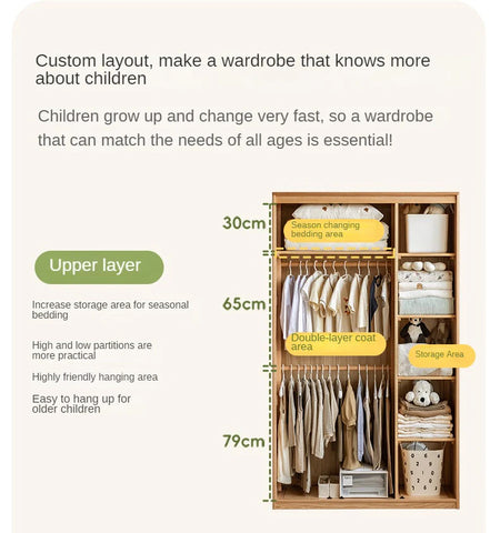 Oak Solid Wood Kids Wardrobe Combination