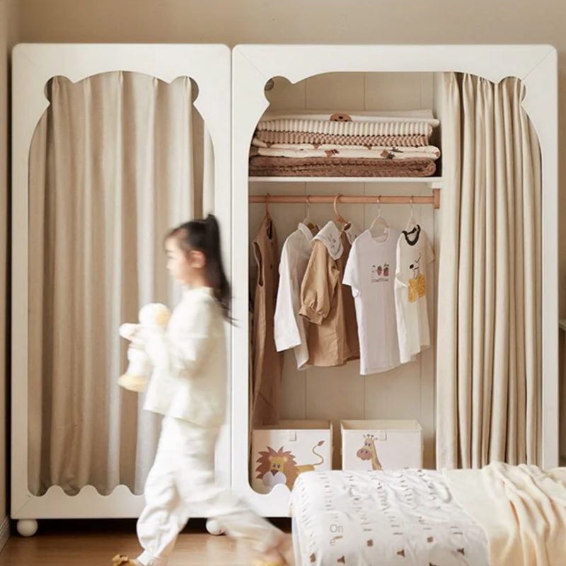 Solid Rubberwood Cream Style Kids Wardrobe