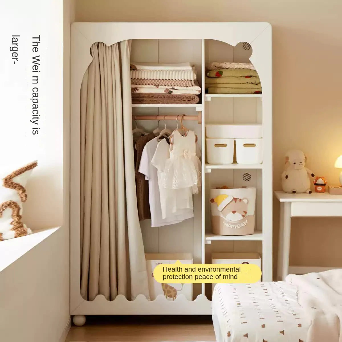 Solid Rubberwood Cream Style Kids Wardrobe