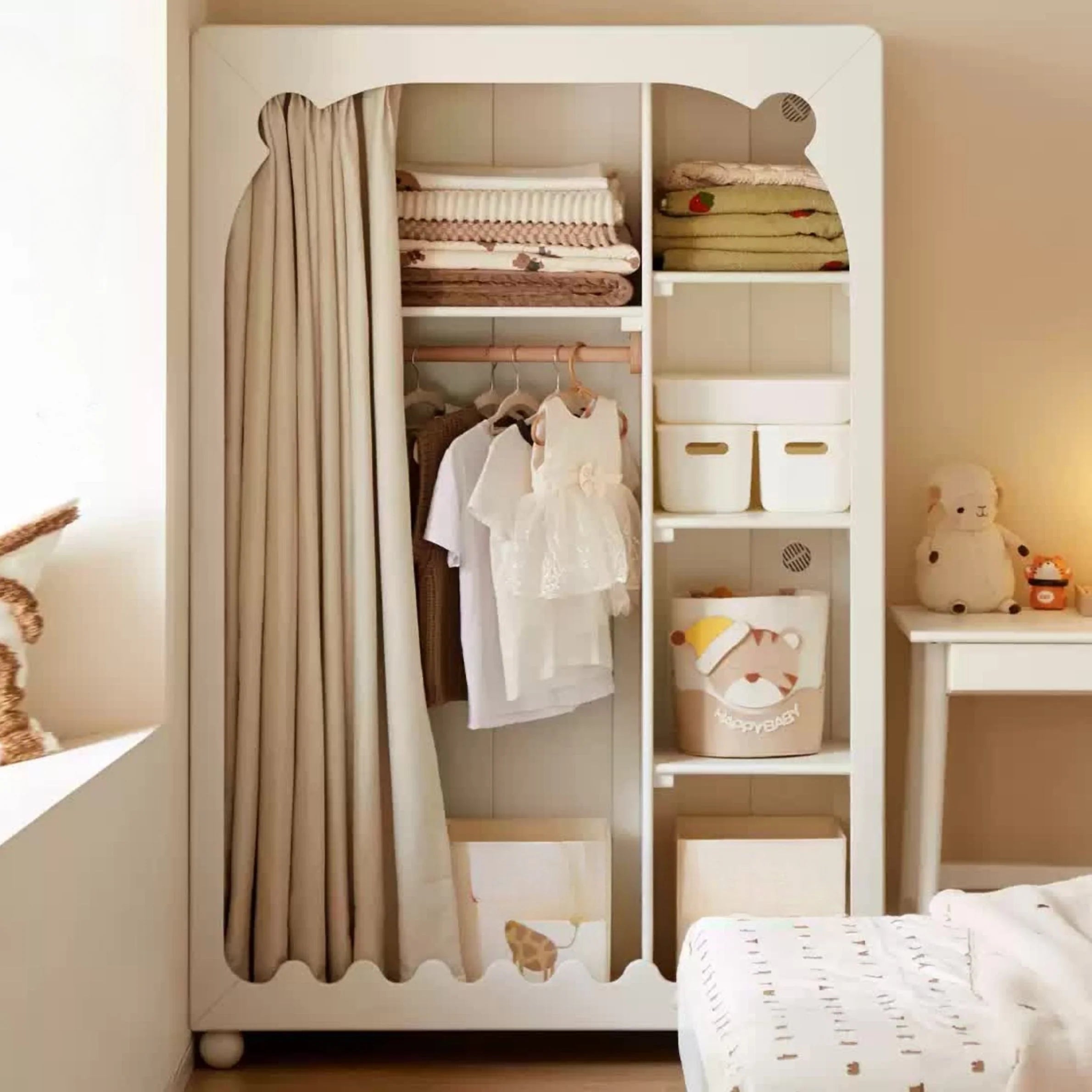 Solid Rubberwood Cream Style Kids Wardrobe