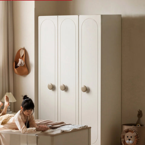 Pine Solid Wood White Cream Kids Wardrobe