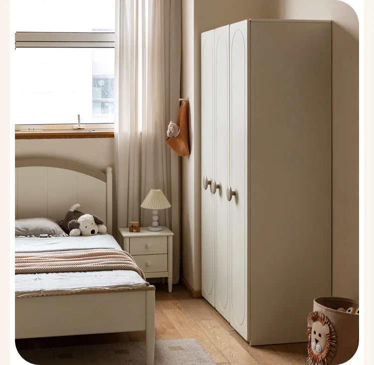 Pine Solid Wood White Cream Kids Wardrobe