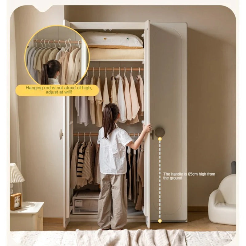 Pine Solid Wood White Cream Kids Wardrobe