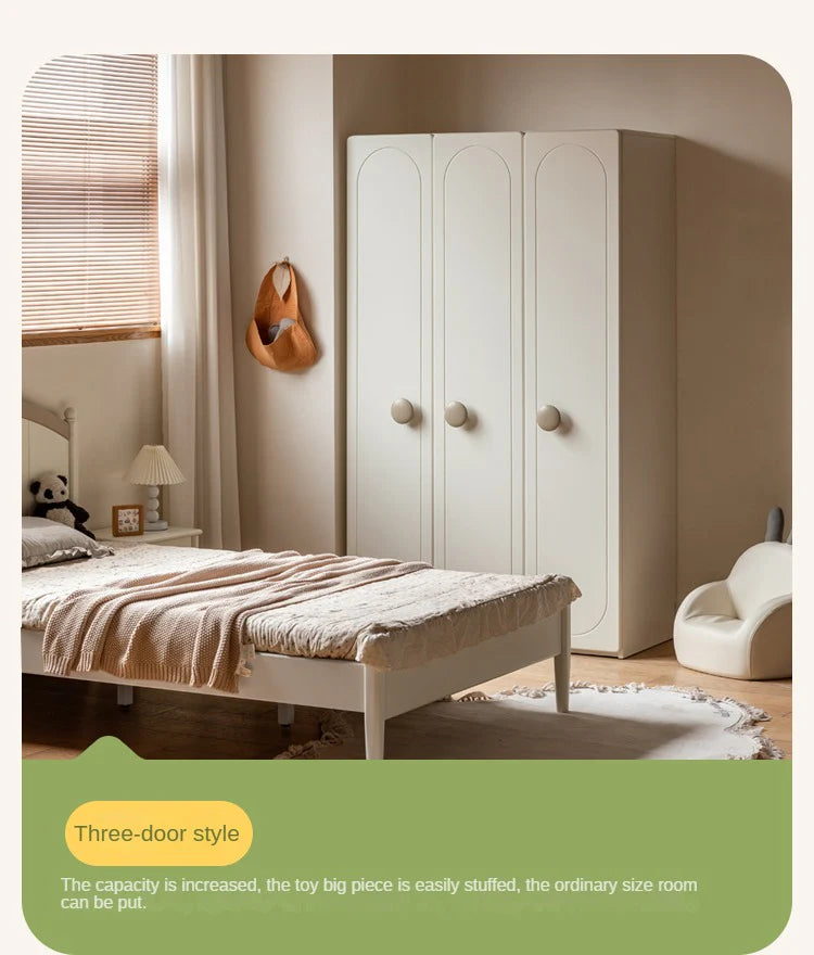 Pine Solid Wood White Cream Kids Wardrobe