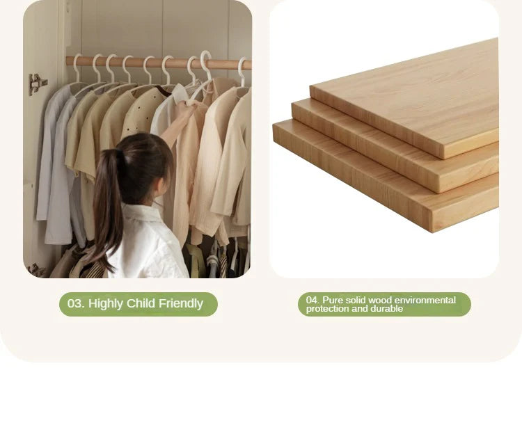 Pine Solid Wood White Cream Kids Wardrobe