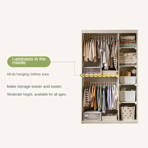 Pine Solid Wood White Cream Kids Wardrobe