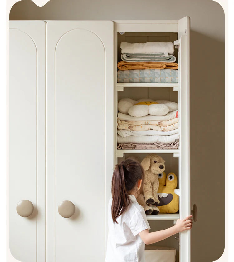 Pine Solid Wood White Cream Kids Wardrobe