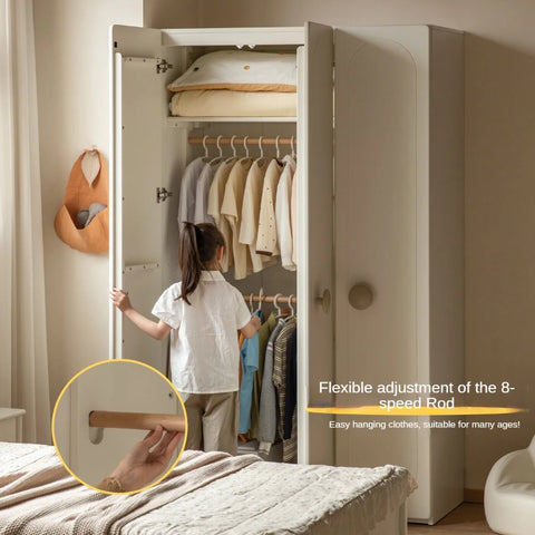Pine Solid Wood White Cream Kids Wardrobe