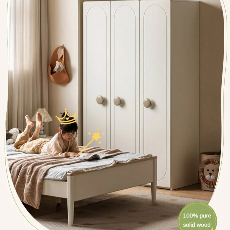 Pine Solid Wood White Cream Kids Wardrobe