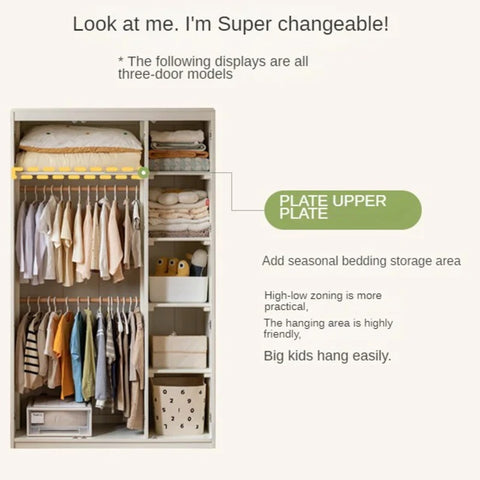 Pine Solid Wood White Cream Kids Wardrobe