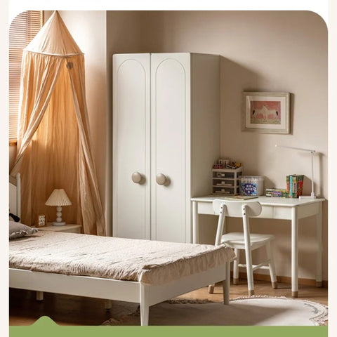 Pine Solid Wood White Cream Kids Wardrobe