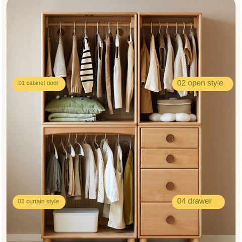 Beech, Rubber Solid Wood Kids Wardrobe