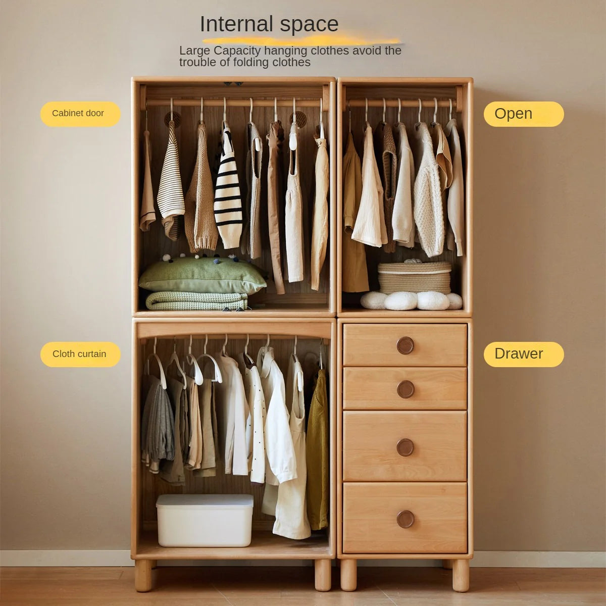 Beech, Rubber Solid Wood Kids Wardrobe