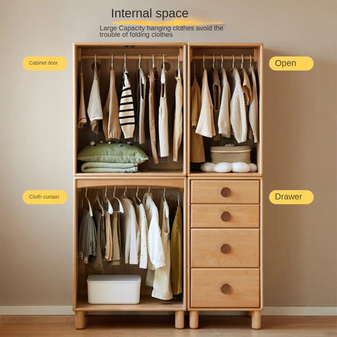 Beech, Rubber Solid Wood Kids Wardrobe
