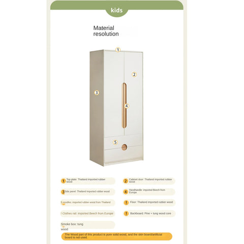 Solid Rubberwood, Beech Solid Wood Kids Wardrobe
