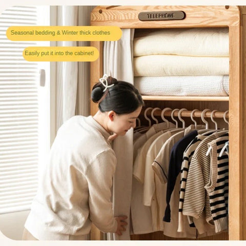 Oak Solid Wood, Solid Rubberwood Kids Simple Wardrobe