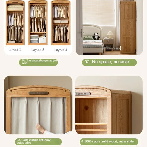 Oak Solid Wood, Solid Rubberwood Kids Simple Wardrobe