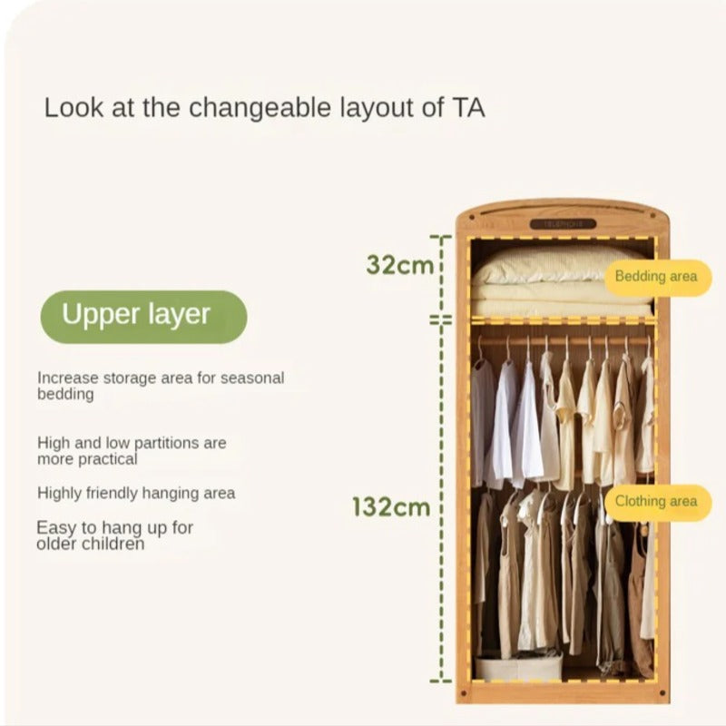 Oak Solid Wood, Solid Rubberwood Kids Simple Wardrobe
