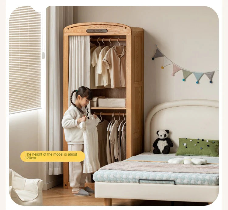 Oak Solid Wood, Solid Rubberwood Kids Simple Wardrobe