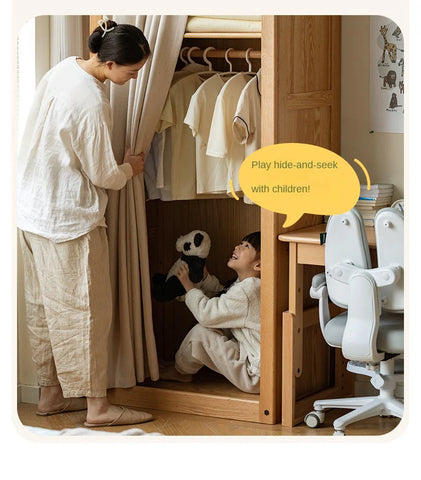 Oak Solid Wood, Solid Rubberwood Kids Simple Wardrobe