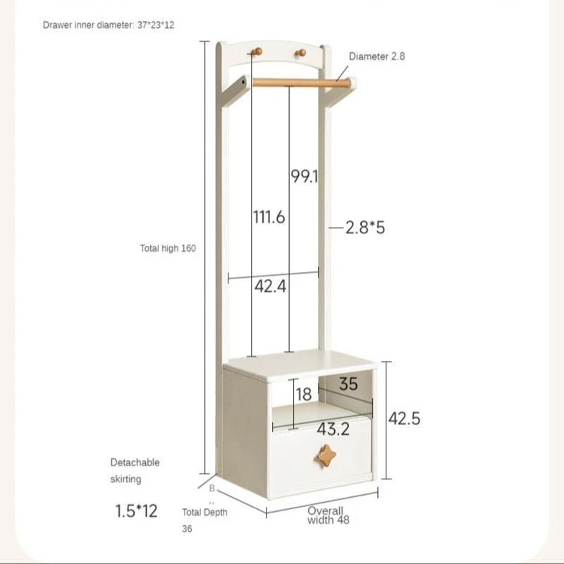 Poplar Solid Wood Kids Nightstand With Clothes Hanger