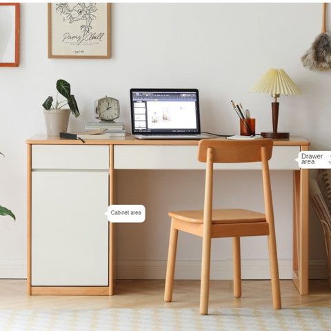 Beech Solid Wood White Desk & Bookshelf Integrated Study & Home Office Organizer