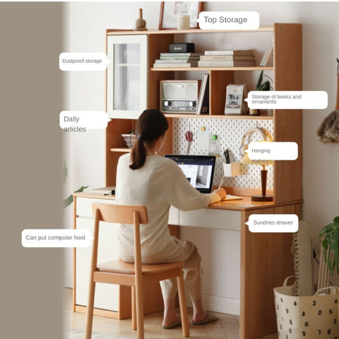 Beech Solid Wood White Desk & Bookshelf Integrated Study & Home Office Organizer