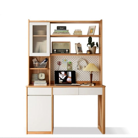 Beech Solid Wood White Desk & Bookshelf Integrated Study & Home Office Organizer
