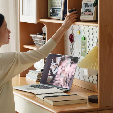 Beech Solid Wood White Desk & Bookshelf Integrated Study & Home Office Organizer