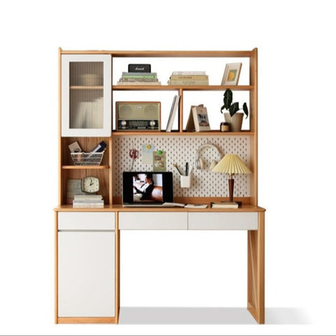 Beech Solid Wood White Desk & Bookshelf Integrated Study & Home Office Organizer