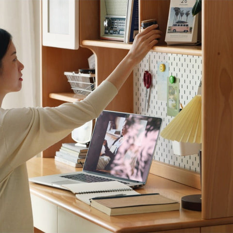 Beech Solid Wood White Desk & Bookshelf Integrated Study & Home Office Organizer