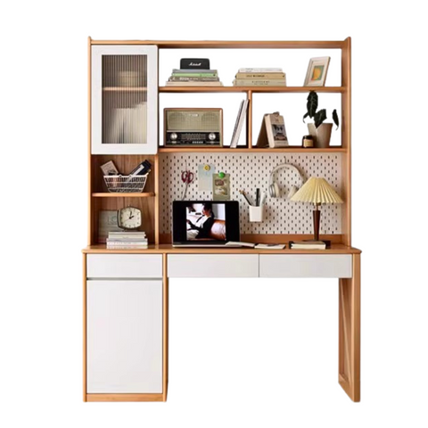 Beech Solid Wood White Desk & Bookshelf Integrated Study & Home Office Organizer