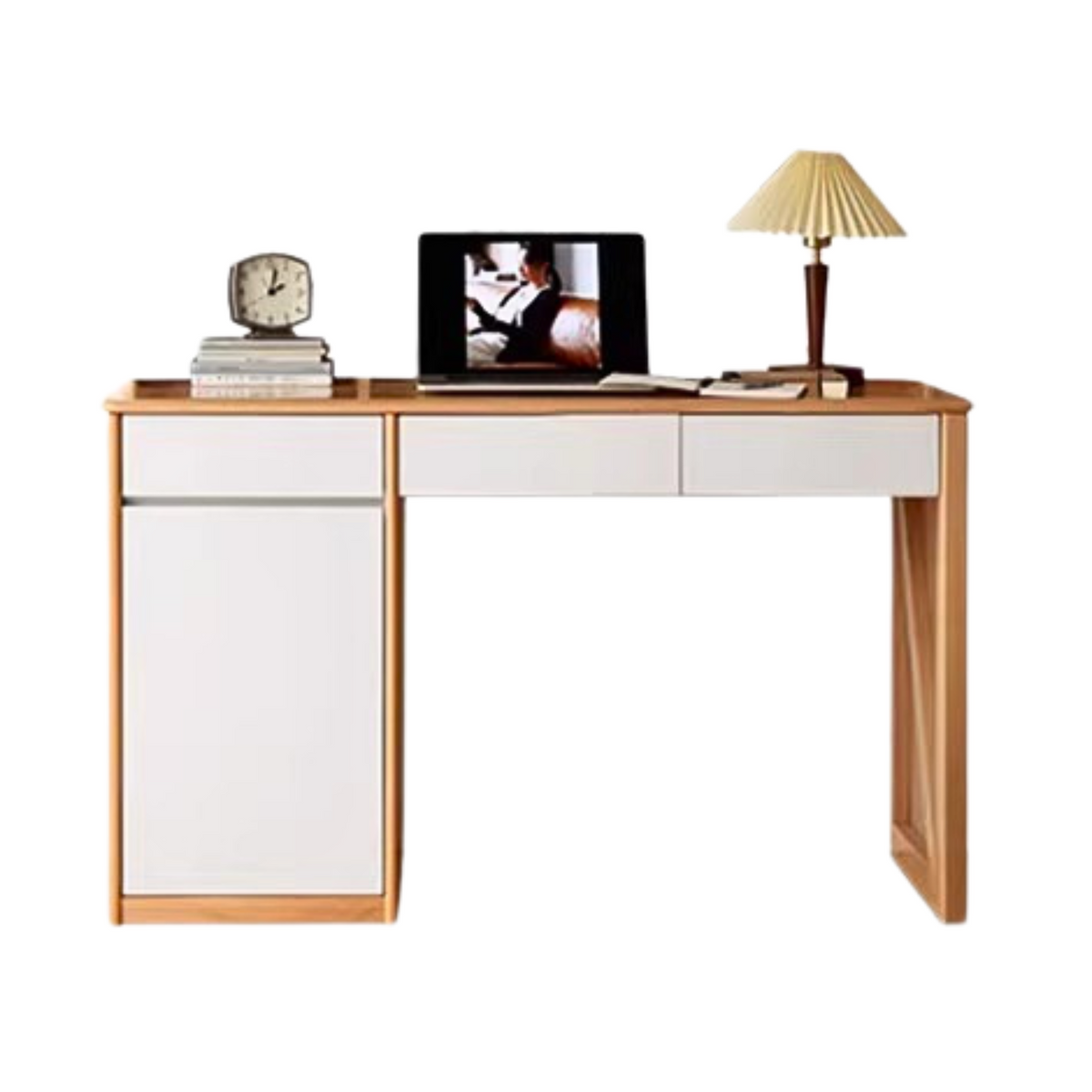 Beech Solid Wood White Desk & Bookshelf Integrated Study & Home Office Organizer