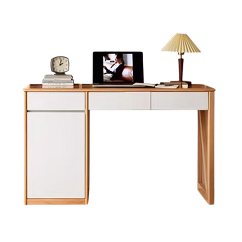 Beech Solid Wood White Desk & Bookshelf Integrated Study & Home Office Organizer