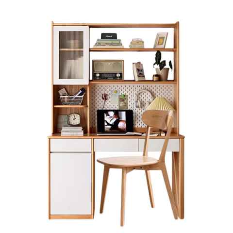 Beech Solid Wood White Desk & Bookshelf Integrated Study & Home Office Organizer