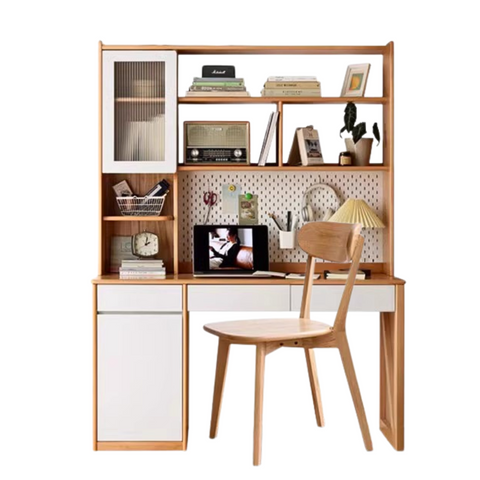 Beech Solid Wood White Desk & Bookshelf Integrated Study & Home Office Organizer