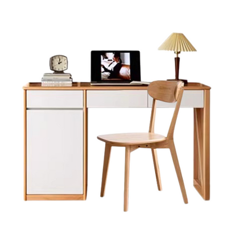 Beech Solid Wood White Desk & Bookshelf Integrated Study & Home Office Organizer