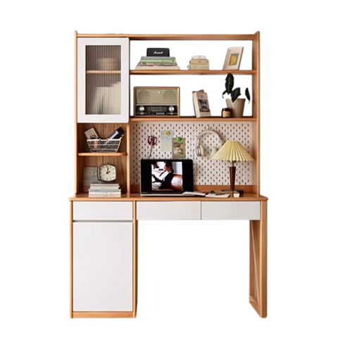 Beech Solid Wood White Desk & Bookshelf Integrated Study & Home Office Organizer