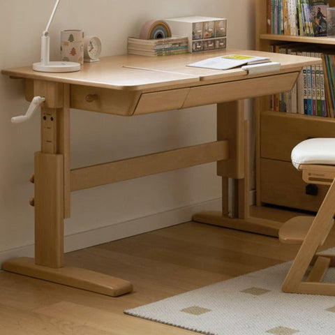 Beech Solid Wood Adjustable Kids Study Table Natural Finish with Chair Shelf & Drawer Storage