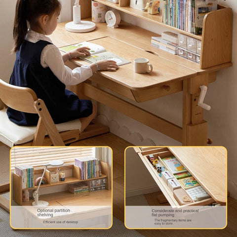 Beech Solid Wood Adjustable Kids Study Table Natural Finish with Chair Shelf & Drawer Storage