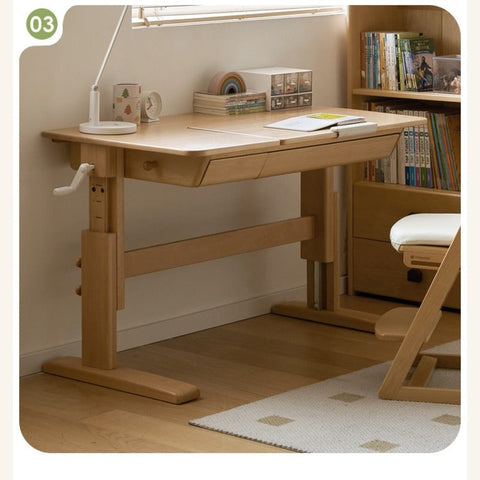 Beech Solid Wood Adjustable Kids Study Table Natural Finish with Chair Shelf & Drawer Storage
