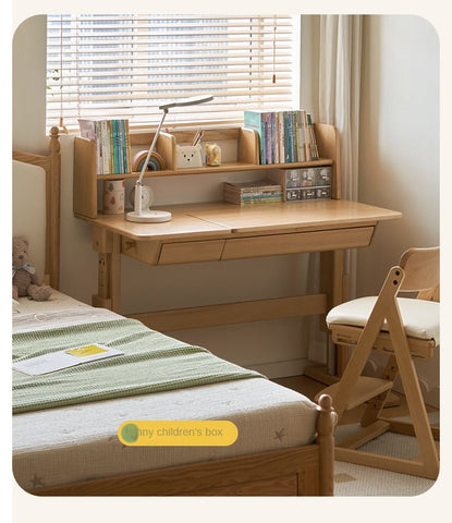 Beech Solid Wood Adjustable Kids Study Table Natural Finish with Chair Shelf & Drawer Storage