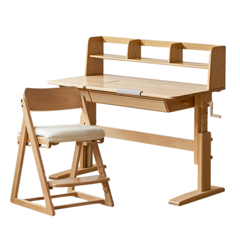 Beech Solid Wood Adjustable Kids Study Table Natural Finish with Chair Shelf & Drawer Storage